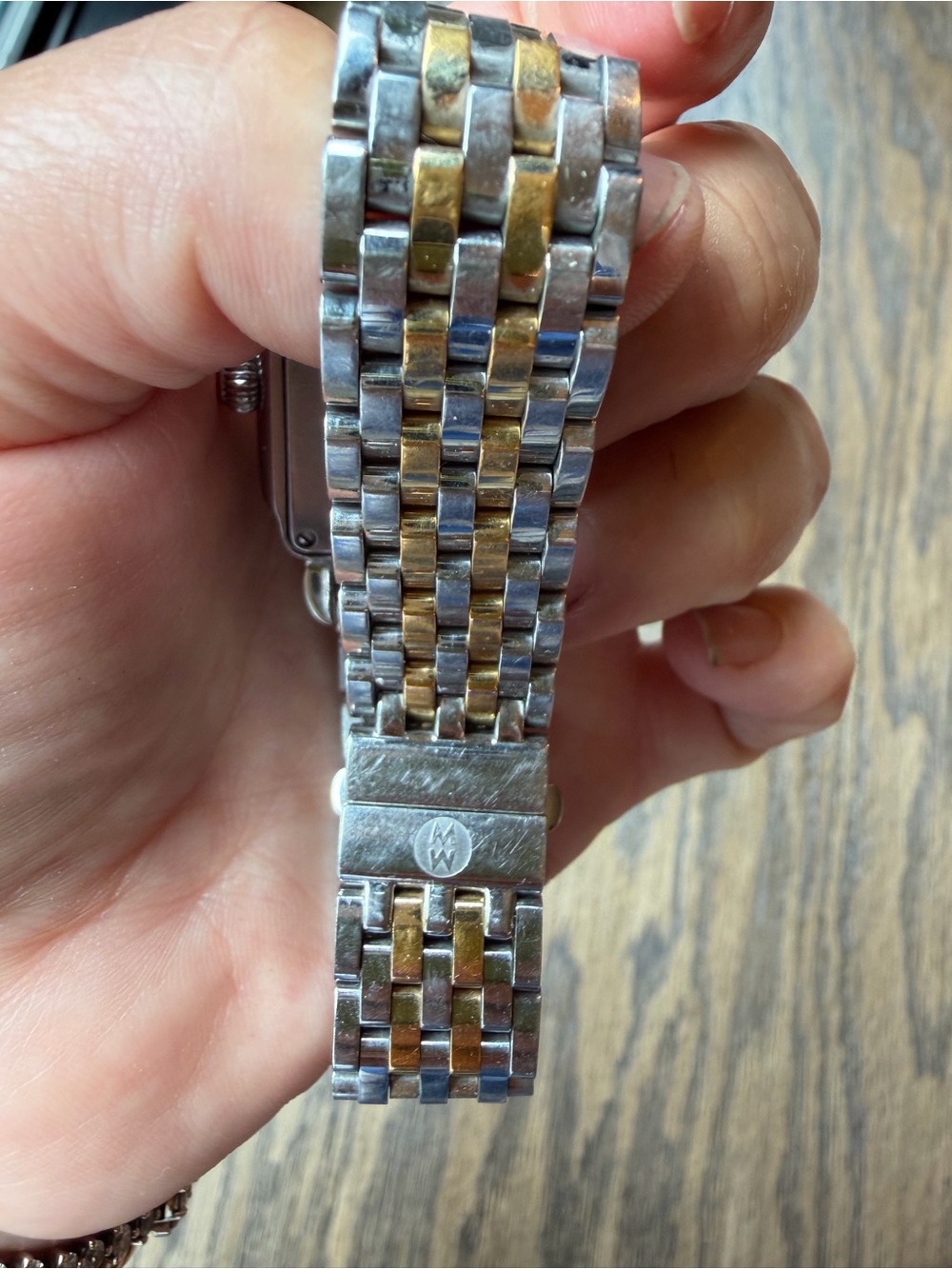 Michele Two-Tone Silver and Gold Bracelet Diamond Accent Square Watch - Picture 3 of 7
